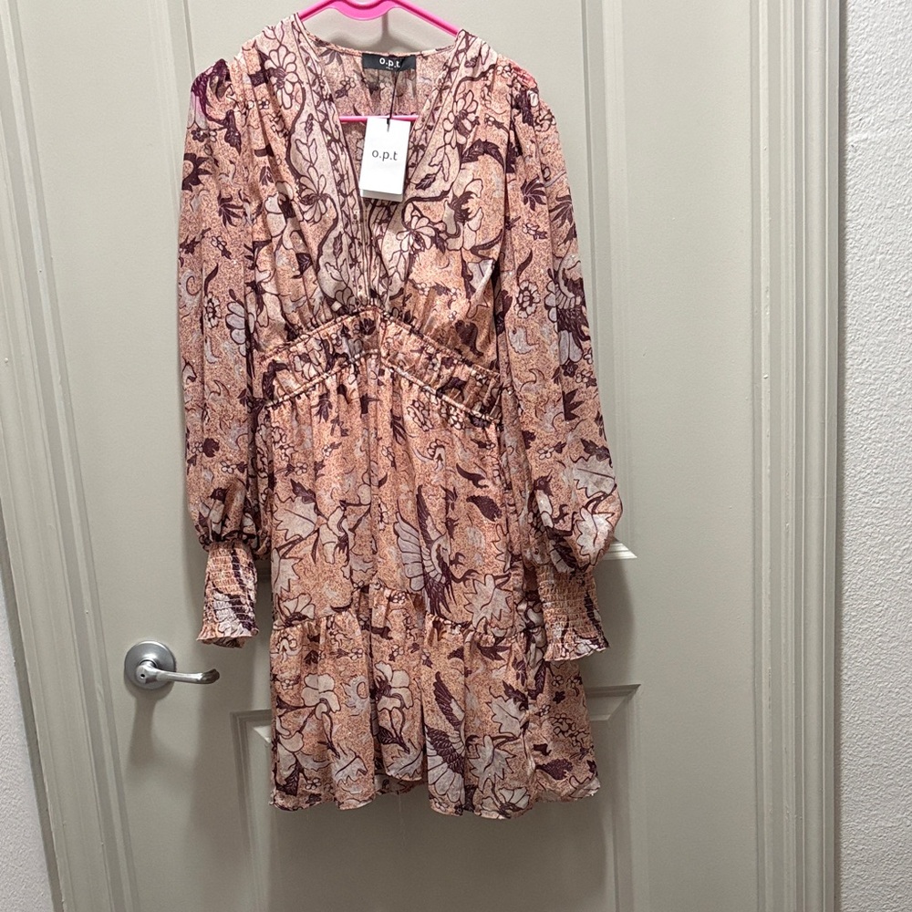 CLOSET CLEAN OUT - OPT Women's Long Sleeve Floral Dress - Pink and Brown